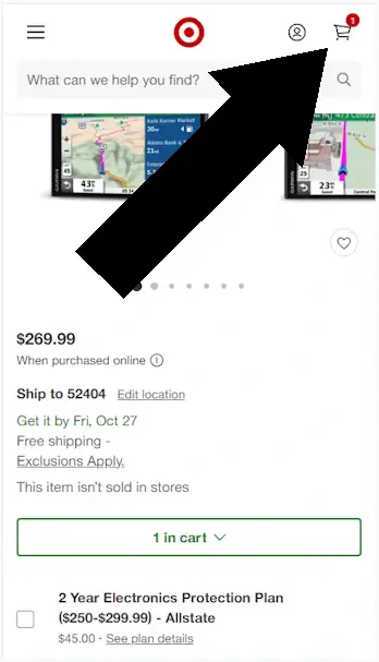 How to enter a Target coupon - Step 2: A screengrab from target.com with an arrow pointing to a shopping cart icon