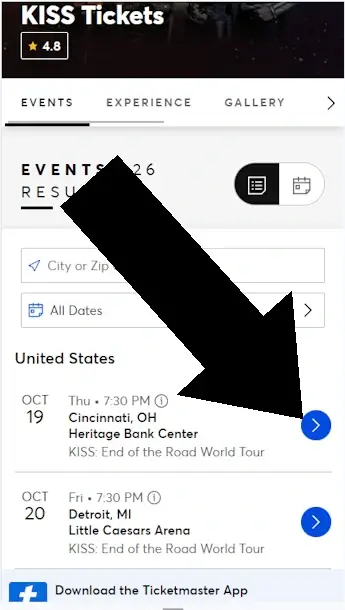 How to enter ticketmaster coupon - Step 1: A screenshot of the mobile version of ticketmaster.com with an arrow highlighting a sample concert listing