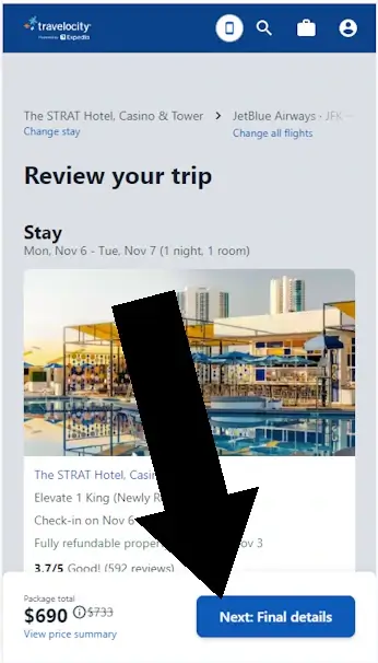 How to redeem a package vacation coupon -  step 1: A screenshot of a travelocity.com listing with an arrow pointing to a blue button with the label 'Next: Final Details'