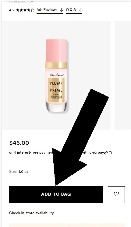 How to enter an ulta coupon - Step 1: An arrow points to a link with the text ADD TO BAG on the mobile version of ulta.com
