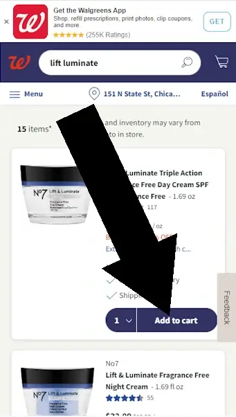 How To Use a Walgreens Promotional Code - Step 1: An arrow points to a link with the text ADD TO CART on the Walgreens mobile website