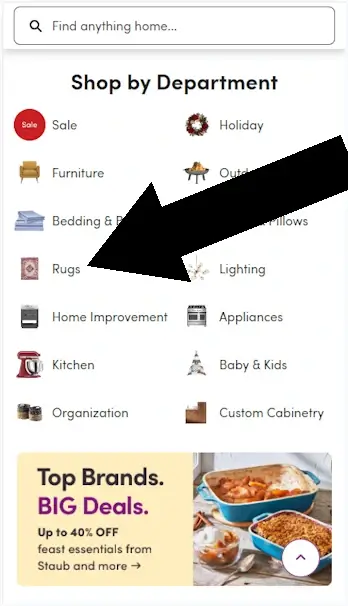 How to enter a coupon on wayfair step 1: An arrow shows how to navigate the site to the department you are interested in. 