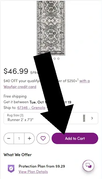 How to enter a coupon on wayfair step 2: An arrow shows how to add an item to your cart