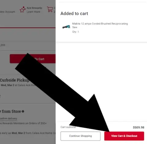 Ace Hardware desktop cart slide-over showing 'View Cart & Checkout' button