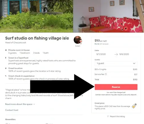 Where To Enter an AirBnB coupon - Step 2: An arrow points a link with the text RESERVE