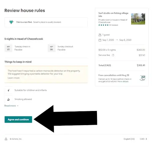 Where To Enter an AirBnB coupon - Step 3: On a page with the heading REVIEW HOUSE RULES, an arrow points to a button with the text AGREE AND CONTINUE