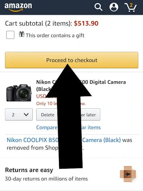 Use an amazon code step 1:  From inside the shopping cart tap yellow button to begin checkout