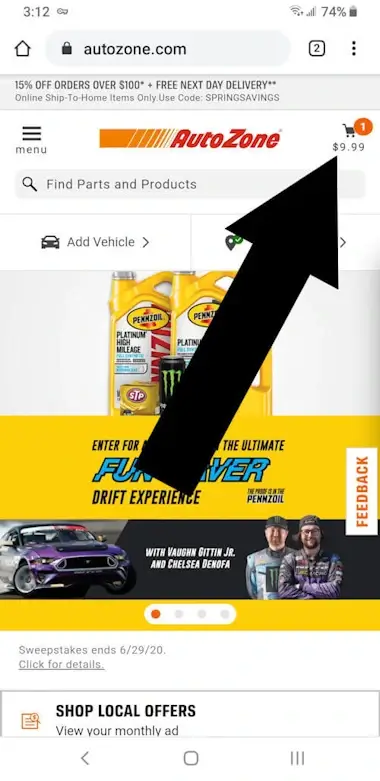 where do i enter the coupon on autozone - Step 1: An arrow points to the shopping cart icon on the autozone mobile website