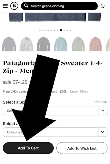 How to Use a Backcountry Coupon - Step 1: A screenshot of the mobile version of backcountry.com with an arrow pointing to a link that reads ADD TO CART