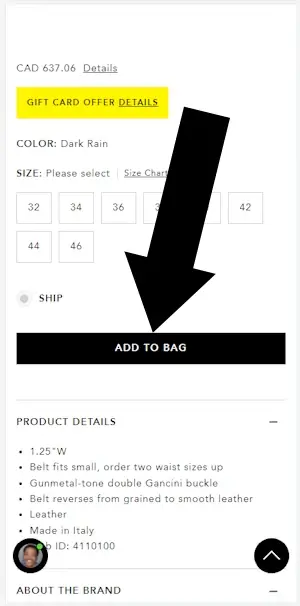Where to enter a Bloomingdales coupon Step 1: An arrow points to a link with the text Add To Bag on the mobile version of the Bloomingdale website