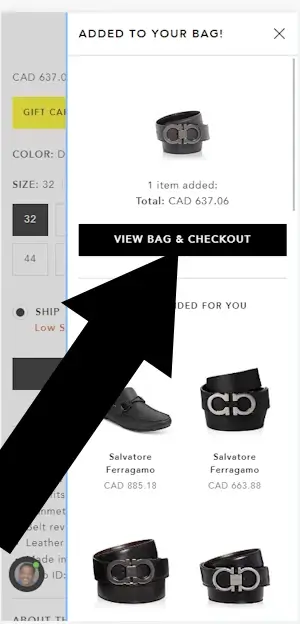 Where to enter a Bloomingdales coupon Step 2: An arrow points to a link with the text View Bag and Checkout
