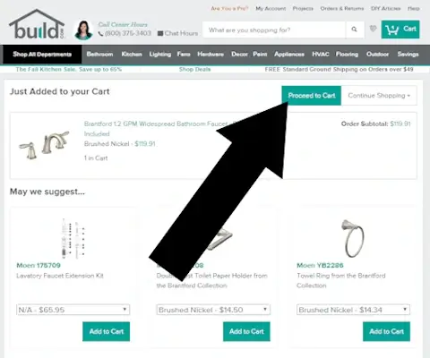 Where do i enter the coupon on Build.com? Step 2: An arrow points to a green link with the text PROCEED TO CART
