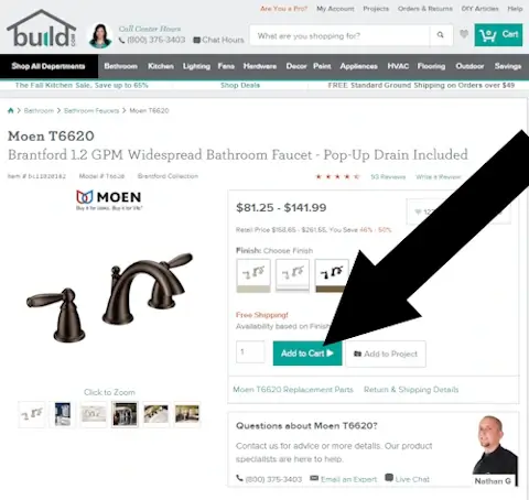 Where do i enter the coupon on Build.com? Step 1: An arrow points to a link that says ADD TO CART