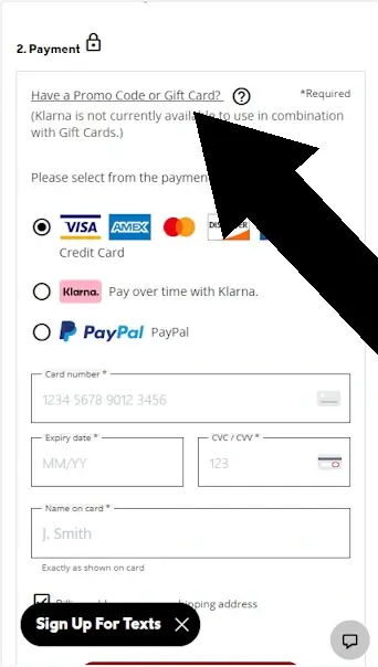 columbia-m-3 "Columbia checkout payment page showing the 'Have a Promo Code or Gift Card?' link where coupons are entered
