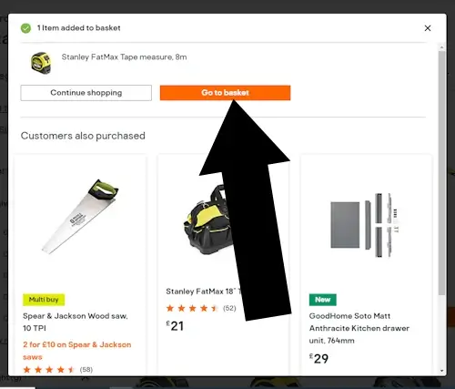 How To Use a Voucher on DIY.com - Step 2:  A black arrow points to a link with the text 'GO TO BASKET'
