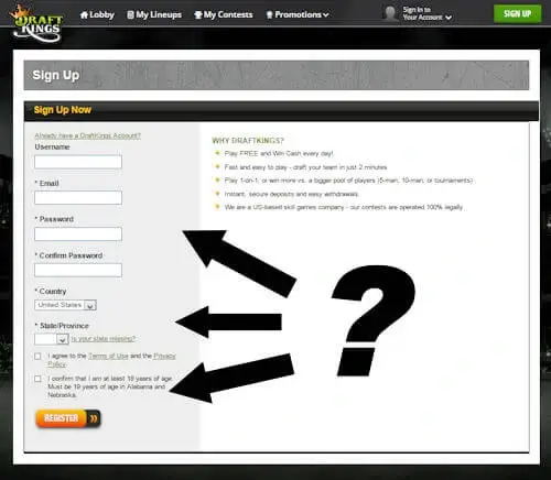 A screenshot of Draftkings website. A question mark indicates the confusion of visitors to the site as to where a coupon is entered.