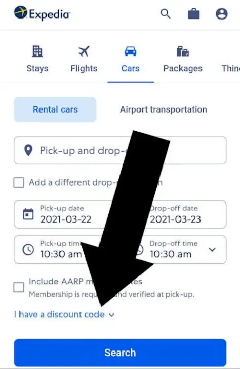 expedia.com screenshot with arrow pointing to I HAVE A DISCOUNT CODE link