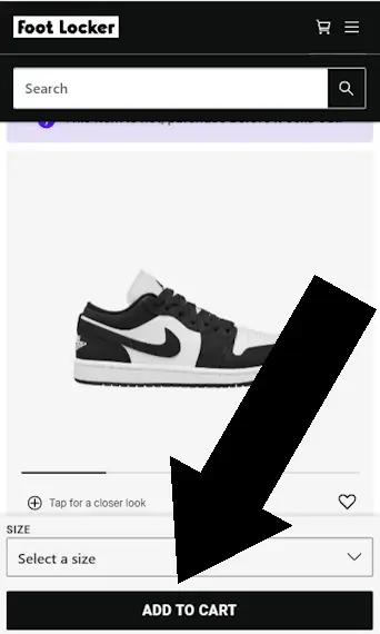 How to redeem Foot Locker coupons - Step 1: A screenshot of footlocker.com with an arrow pointing to a link with the text "ADD TO CART"