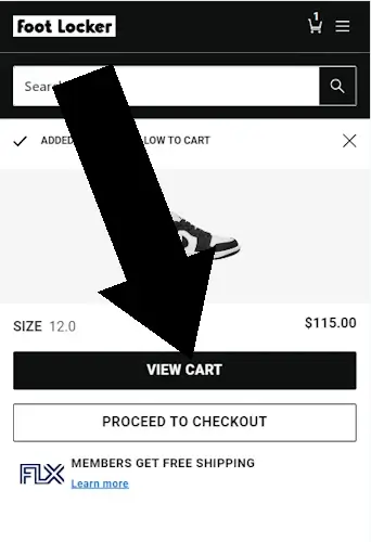 How to redeem Foot Locker coupons - Step 2: An arrow pointing to a link with the text "VIEW CART"
