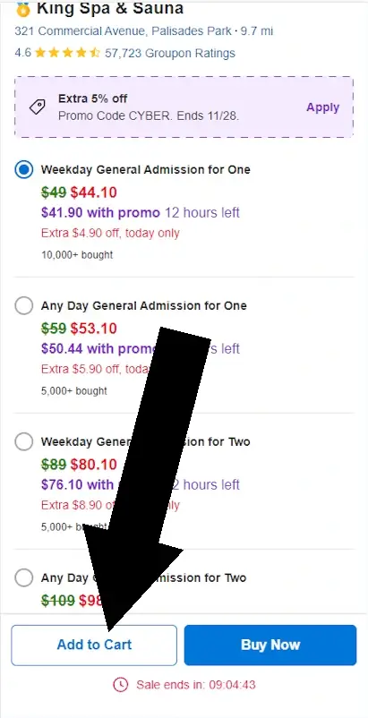 HOW TO USE A PROMOTIONAL CODE ON GROUPON - Step 1: A screengrab of groupon.com with an arrow pointing to a link with the text 'Add to Cart'