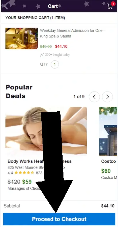 HOW TO USE A PROMOTIONAL CODE ON GROUPON - Step 2: A screengrab of groupon.com with an arrow pointing to a link with the text 'Proceed to Checkout'