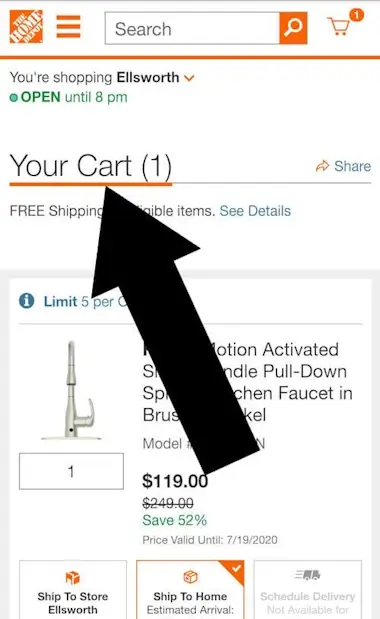 Home Depot mobile cart page showing item summary before entering promo code.