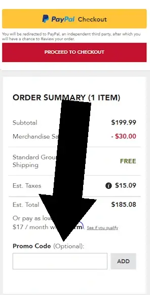 kitchenaid-m-3 (1) KitchenAid cart page with arrow pointing to the Promo Code field under Order Summary for Step 3.