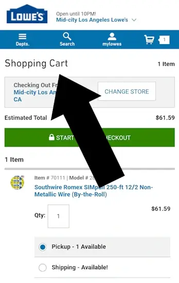 How to redeem a Lowes coupon - Step 2: A screenshot of lowes.com with a black arrow pointing the the heading text of the page