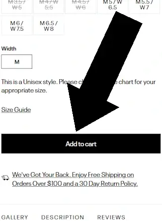 How to redeem a Reebok coupon - Step 1: On reebok.com, an arrow points to the ADD TO CART button