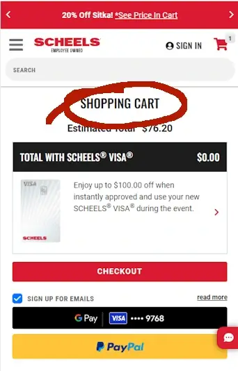 scheels-m-1 Scheels Shopping Cart page showing Order Summary section where the coupon box appears during promotions.