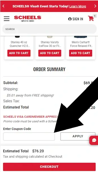 scheels-m-2 Scheels Shopping Cart page displaying the coupon code entry box under Order Summary during active promotions.