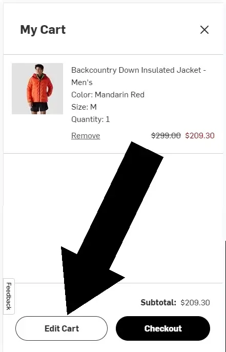 How to Use a Backcountry Coupon - Step 2: An arrow pointing to a link that reads EDIT CART