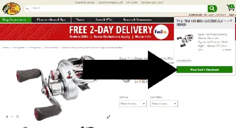 How to enter a coupon on Bass Pro Step 3:  An arrow points to a link with the text VIEW CART AND CHECKOUT