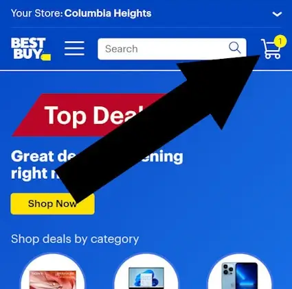 How to use a coupon on Best Buy - Step one: An arrow points to the shopping cart on the Best Buy mobile homepage