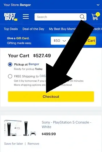 How to use a coupon on Best Buy - Step two: An arrow points to a yellow link with the text CHECKOUT