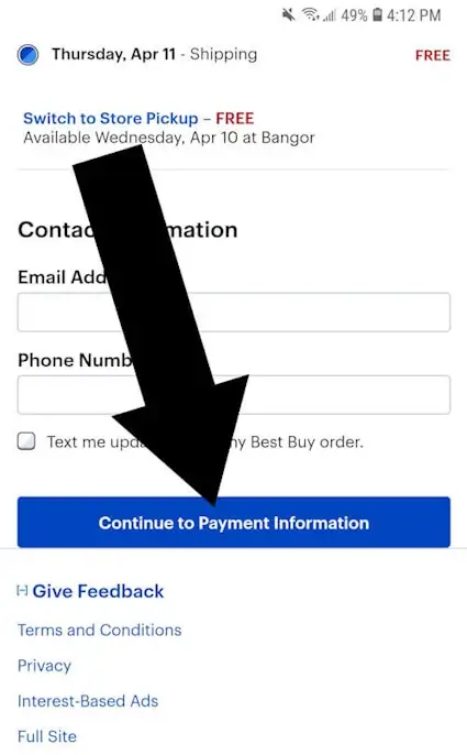How to use a coupon on Best Buy - Step three: An arrow points to a link with the text CONTINUE TO PAYMENT INFORMATION