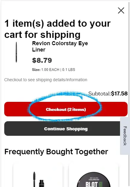 How to use a coupon on CVS - Step 2: A blue circle highlights a link with the text CHECKOUT