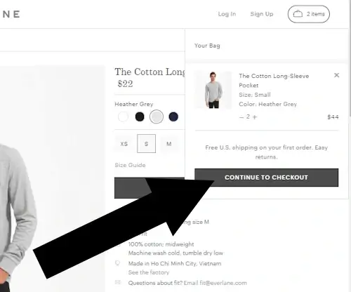 How To Enter a Coupon on Everlane - Step 1: On the everlane website, an arrow points to a link with the text 'CONTINUE TO CHECKOUT'
