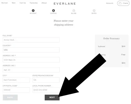 How To Enter a Coupon on Everlane - Step 2: During checkout, an arrow points to a link with the text 'NEXT'