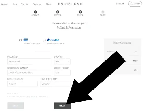 How To Enter a Coupon on Everlane - Step 3: On a screenshot of everlane.com, an arrow points to text that reads 'next'