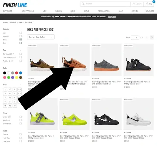 Where to enter a Finish Line Coupon - Step 1: A screenshot of finishline.com with an arrow pointing at a sample item