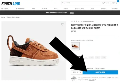 Where to enter a Finish Line Coupon - Step 2: A screenshot of finishline.com with an arrow pointing to a link with the text 'ADD TO BAG'