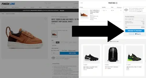 Where to enter a Finish Line Coupon - Step 3: A screenshot of finishline.com with an arrow pointing to a blue button with the text 'PROCEED TO CHECKOUT'
