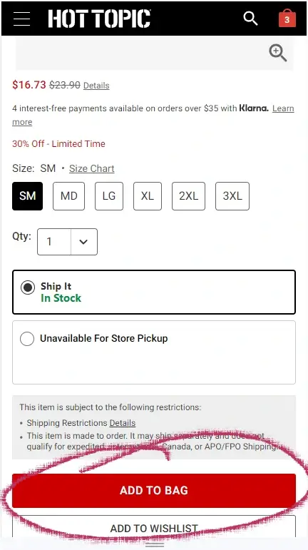 How to use a coupon on Hot Topic - Step 1: A screenshot of hottopic.com with a red circle around the text link ADD TO BAG