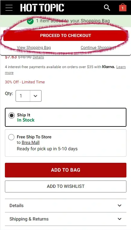 How to use a coupon on Hot Topic - Step 2: A red circle around the text link PROCEED TO CHECKOUT
