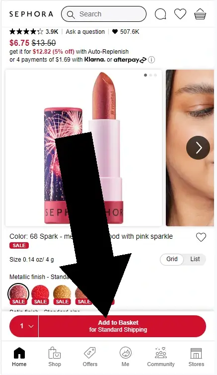 How to redeem a Sephora coupon - Step 1:  A screenshot of sephora.com with an arrow pointing to a button labelled "add to basket"