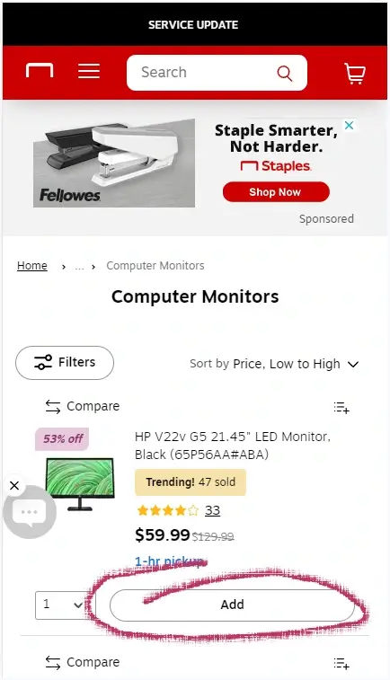 How to redeem a coupon on Staples - Step 1: A screenshot of staples.com with an arrow pointing to a button with the label "Add to Cart"
