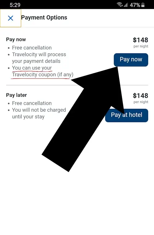 How to redeem a hotel coupon -  step 3: A screenshot of a popup with a 'pay now' option highlighted