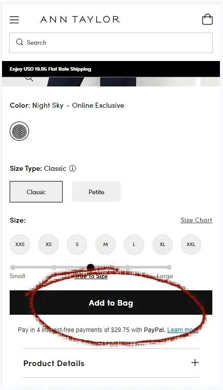 How to use a coupon on Ann Taylor - Step 1: A screenshot of anntaylor.com with a circle highlighting a link labelled 'add to bag'
