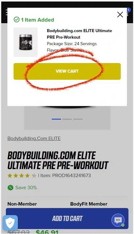 How to enter a coupon on bodybuilding.com Step 1: A red circle highlights a link with the text VIEW CART